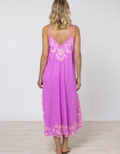 Cotton V-Neck Slip Dress with Butterfly Embroidery - Violet and Neon Peach