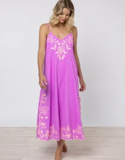 Cotton V-Neck Slip Dress with Butterfly Embroidery - Violet and Neon Peach