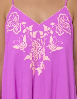 Cotton V-Neck Slip Dress with Butterfly Embroidery - Violet and Neon Peach