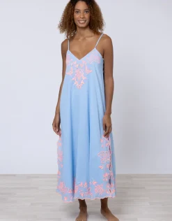 Cotton V-Neck Slip Dress with Butterfly Embroidery - Blue and Neon Pink