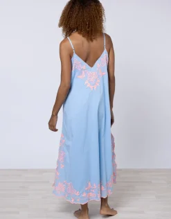 Cotton V-Neck Slip Dress with Butterfly Embroidery - Blue and Neon Pink