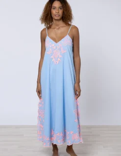Cotton V-Neck Slip Dress with Butterfly Embroidery - Blue and Neon Pink