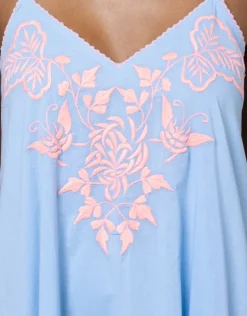 Cotton V-Neck Slip Dress with Butterfly Embroidery - Blue and Neon Pink