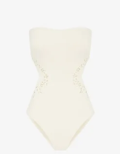 Creme Memoir Embroidered Strapless Swimsuit - White