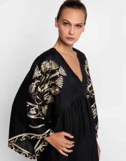 Crete V Neck Midi Kaftan - Black and Gold