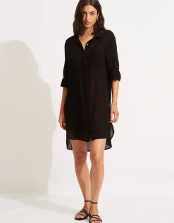 Crinkle Twill Beach Shirt - Black