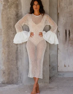 Crochet Contrast Ruffle Sleeve Dress - Ecru