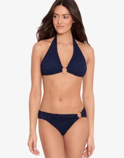 Crochet Rattan Ring Halter Bikini Top - Navy