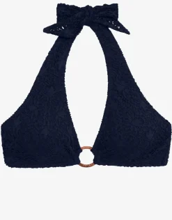 Crochet Rattan Ring Halter Bikini Top - Navy