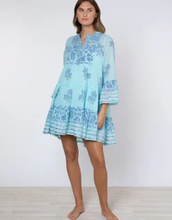 Dhaka Print Flared Sleeve Dress - Blue and Royal Blue