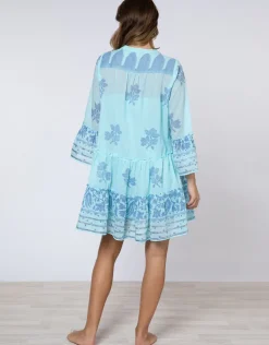 Dhaka Print Flared Sleeve Dress - Blue and Royal Blue