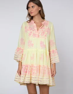 Dhaka Print Flared Sleeve Dress - Yellow and Fuchsia
