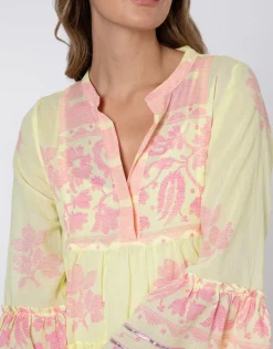 Dhaka Print Flared Sleeve Dress - Yellow and Fuchsia