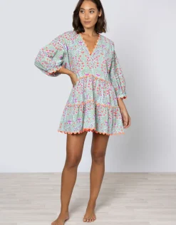 Ditsy Print V-Neck Tiered Mini Dress with Ric-Rac - Aqua and Neon Red