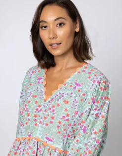 Ditsy Print V-Neck Tiered Mini Dress with Ric-Rac - Aqua and Neon Red