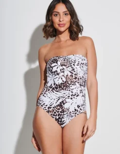 Ethnic Palm Bandeau Swimsuit - Brown