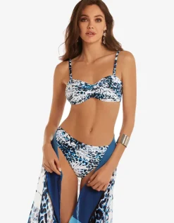 Ethnic Palm Ruched Bandeau Bikini Set - Blue