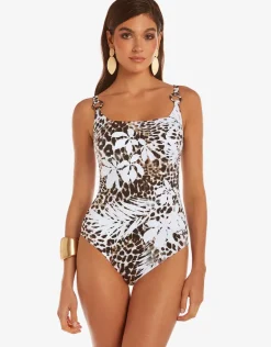 Ethnic Palm Soft Cup Swimsuit - Brown
