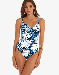 Ethnic Palm Underwired Crossover Swimsuit - Blue