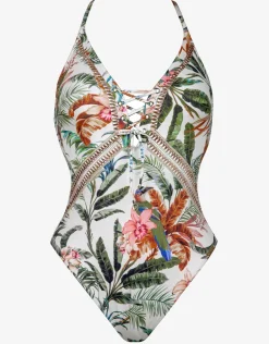 Exotic Dive Lace Up Plunge Swimsuit - Retro Tropics