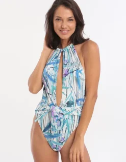 Exotic Paradise Deep Plunge High Neck Swimsuit - Multi Blue