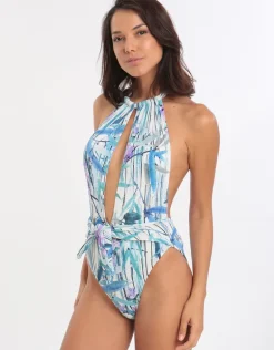 Exotic Paradise Deep Plunge High Neck Swimsuit - Multi Blue