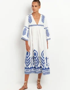 Feather Bell Sleeve Kaftan - White and Blue