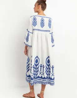 Feather Bell Sleeve Kaftan - White and Blue