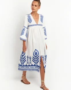 Feather Bell Sleeve Kaftan - White and Blue