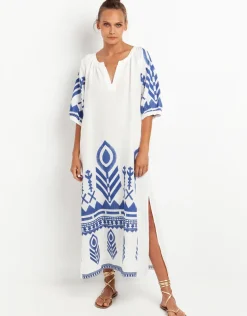 Feather Maxi Kaftan - White and Blue