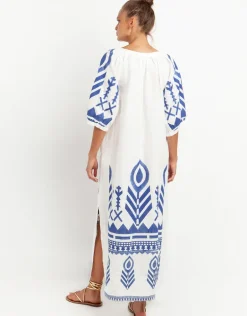 Feather Maxi Kaftan - White and Blue