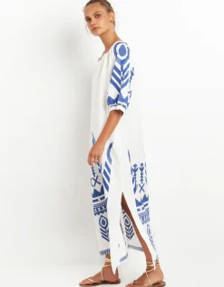 Feather Maxi Kaftan - White and Blue