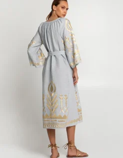 Feather Midi Kaftan - Light Grey and Gold