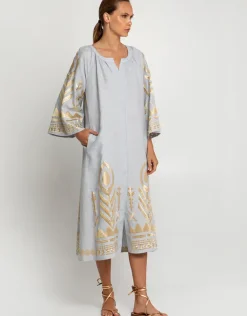 Feather Midi Kaftan - Light Grey and Gold