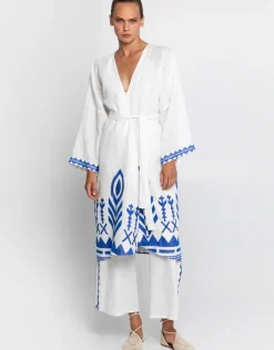 Feather Midi Kimono - White and Blue