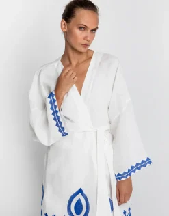 Feather Midi Kimono - White and Blue