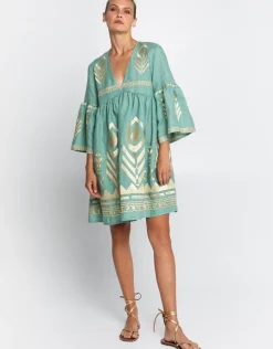 Feather Mini Dress - Sea Green and Gold