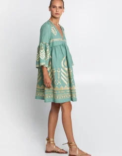 Feather Mini Dress - Sea Green and Gold