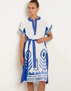 Feathers Kaftan Tunic - White and Blue