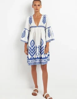 Feathers Mini Dress - White and Blue