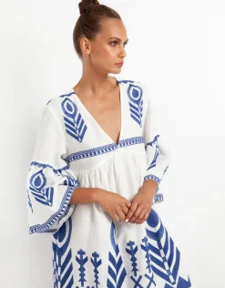 Feathers Mini Dress - White and Blue