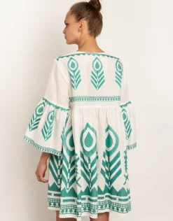 Feathers Mini Dress - White and Emerald