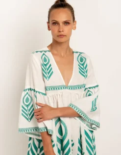 Feathers Mini Dress - White and Emerald