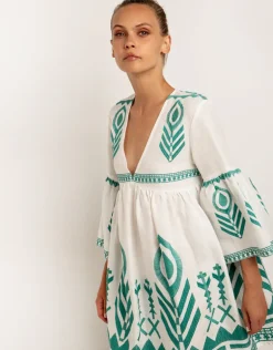 Feathers Mini Dress - White and Emerald