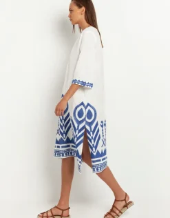 Feathers V Neck Midi Kaftan - White and Blue