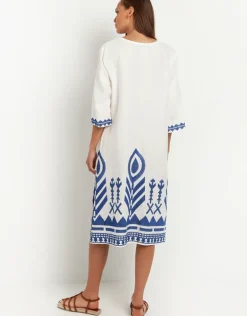 Feathers V Neck Midi Kaftan - White and Blue