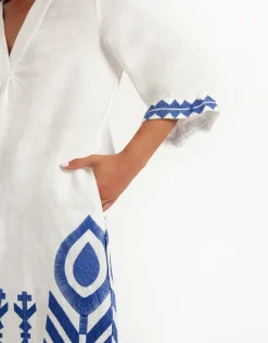 Feathers V Neck Midi Kaftan - White and Blue
