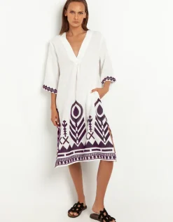Feathers V Neck Midi Kaftan - White and Plum