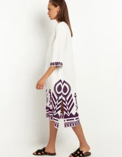 Feathers V Neck Midi Kaftan - White and Plum