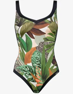 Floral Safari Shaped Neck Swimsuit - White Jungle